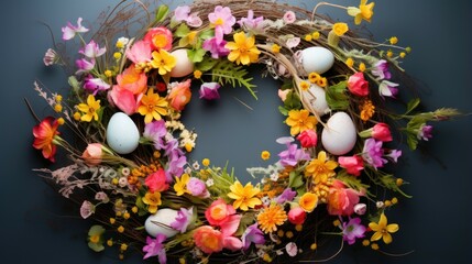 Obraz na płótnie Canvas This is a beautiful image of a floral wreath with Easter eggs. The wreath is made of a variety of flowers, including roses, tulips, and lilies.