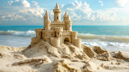 Majestic Sandcastle on a Sunny Beach Day - obrazy, fototapety, plakaty
