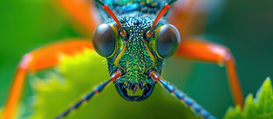 Fototapeta premium A close up view of a vibrant and colorful insect perched delicately on a green leaf in its natural habitat. The insects intricate patterns and details are highlighted against the leafs surface.