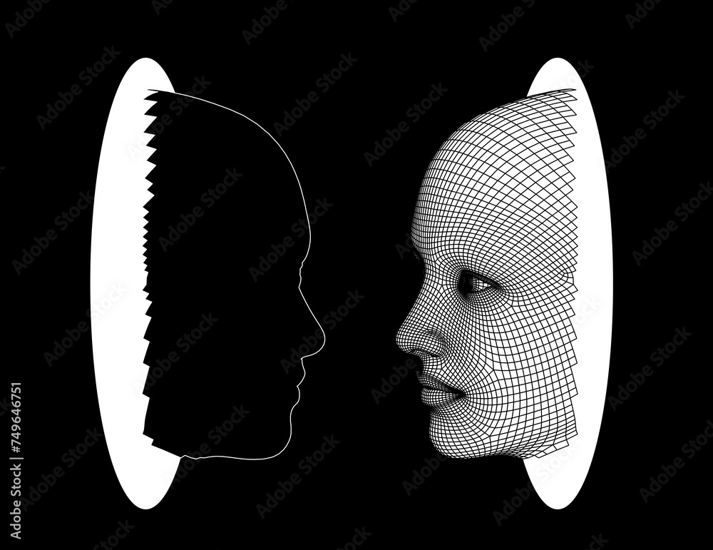 Poster 3D mash of face silhouette on dark background. The concept of machine learning, neural networks and artificial intelligence.