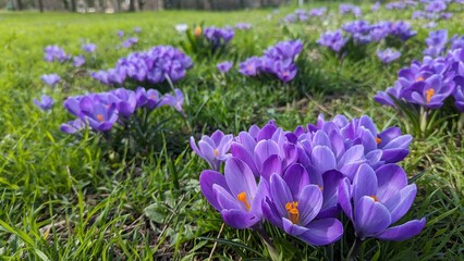Fototapeta premium crocuses blooming in the park under the bright rays of the spring sun