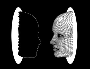 3D mash of face silhouette on dark background. The concept of machine learning, neural networks and artificial intelligence.