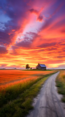 Fototapeta na wymiar Serene Sunrise: A Scenic View of an Empty Road, Golden Wheat Field, and Farmhouse in Rural Landscape