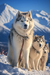Husky dogs against the backdrop of a volcano. The picture was generated by artificial intelligence