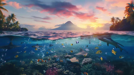 Gordijnen half underwater scene in the reef with stingray, colorful fishes and coral, volcano mountain above the sea at sunrise © Maizal