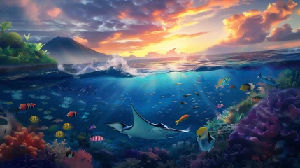 Poster half underwater scene in the reef with stingray, various fishes and coral, volcano mountain above the sea at sunrise © Maizal