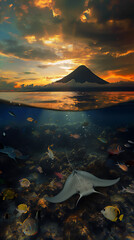 half underwater scene with stingray, fishes and coral and volcano mountain above the sea at sunset