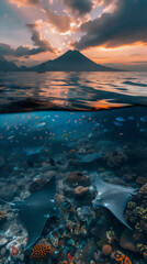 half underwater scene with stingray, colorful fish and coral and volcano mountain above the sea at sunset