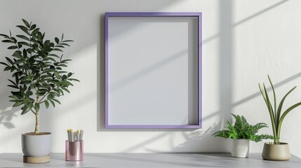 purple photo frame Reminiscent of lavender fields Minimalist style hanging on the white wall behind. Add simplicity but luxurious to the area