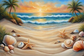Sunset at tropical beach with waves crashing on sandy beach. Palm trees and seashells on the sand tropical paradise illustration. 