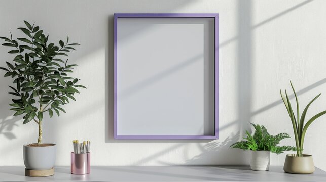 purple photo frame Reminiscent of lavender fields Minimalist style hanging on the white wall behind. Add simplicity but luxurious to the area