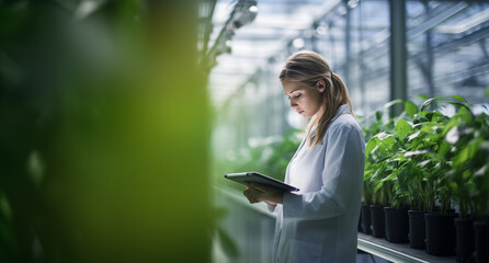 Fototapeta premium Agronomist Researching Plants in Greenhouse - Modern Agriculture Technology