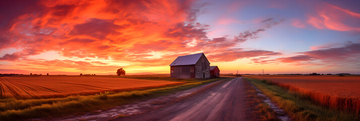 Fototapeta na wymiar Serene Sunrise: A Scenic View of an Empty Road, Golden Wheat Field, and Farmhouse in Rural Landscape