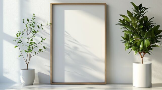Wooden picture frames, both dark and light brown, natural, minimalist style, hanging on the white wall behind. Add simplicity but luxurious to the area