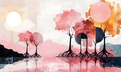 flat 2d geometric illustration features a variety of mangrove trees with large roots, in the style...