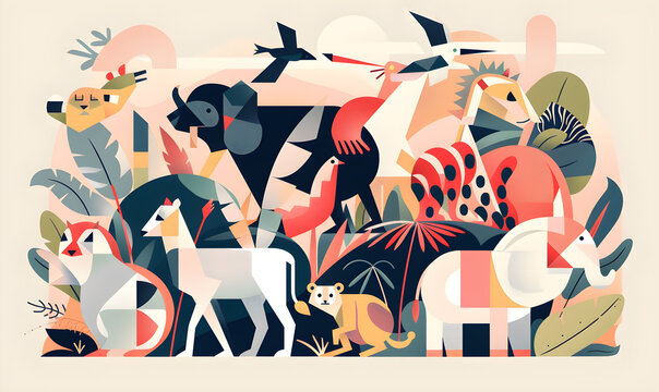the geometric flat 2d illustration features an assortment of animals, in the style of bold graphic shapes,