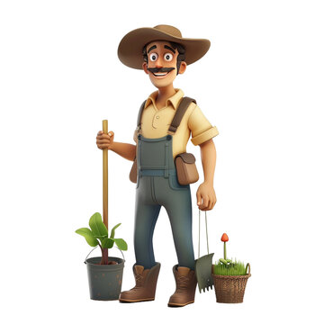farmer, gardener with a watering can -  vector cartoon illustration isolated on white background 3d render Generative AI