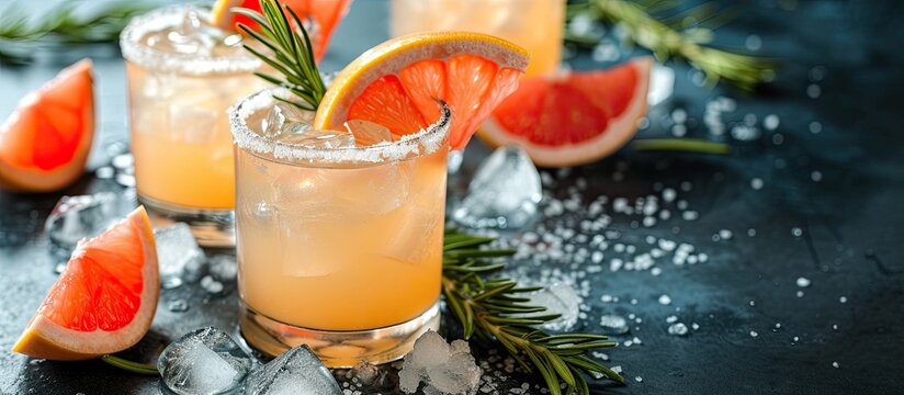 This close-up shot showcases a refreshing grapefruit and tequila paloma cocktail garnished with fragrant rosemary. The drink is presented in a stylish glass, highlighting the vibrant colors and