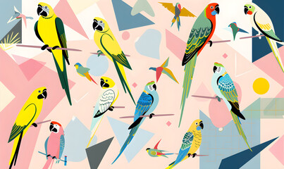 flat 2d geometric illustration features a variety of colorful parakeets and macaws, in the style of...