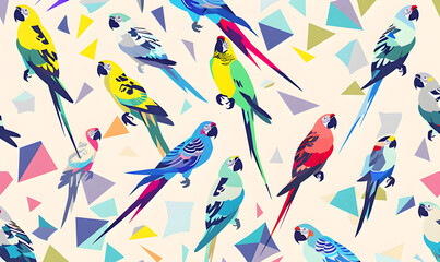 flat 2d geometric illustration features a variety of colorful parakeets and macaws, in the style of bold graphi
