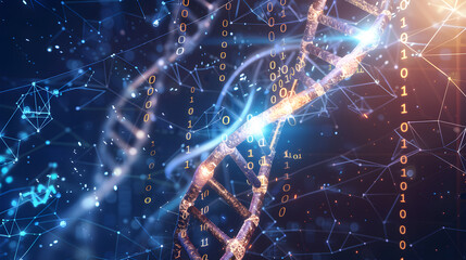 A conceptual image showcasing a digital DNA helix with binary code intertwined, representing the fusion of biotechnology