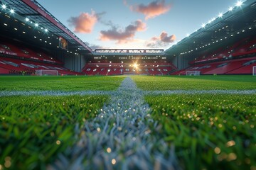 A football stadium without people, close up of the ground. 