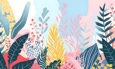 flat 2d geometric illustration features a variety of mangrove trees with large roots, in the style of bold graphic shapes