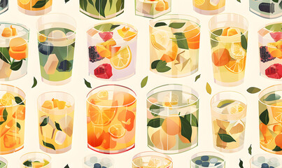 Flat 2D geometric illustration features a variety of glasses filled with chemicals