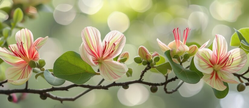 This close-up shows a branch of a Bauhinia variegata plant, a species within the Fabaceae family, covered in delicate white and purple flowers. The flowers are in full bloom, showcasing their unique