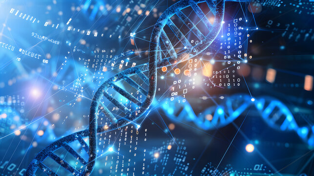 A conceptual image showcasing a digital DNA helix with binary code intertwined, representing the fusion of biotechnology
