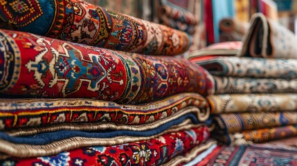 Assorted stunning oriental carpets at a traditional Middle Eastern store Array of handmade vibrant carpets in Middle Eastern market Close up of colorful carpets