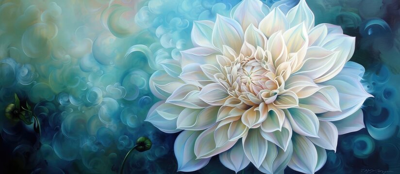 A realistic painting of a white Dahli flower standing out against a solid blue background. The delicate petals and intricate details of the flower are prominently displayed in the artwork.