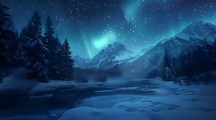 Boreal lights, frozen river in the mountains. Night view in the cold forest. Winter season