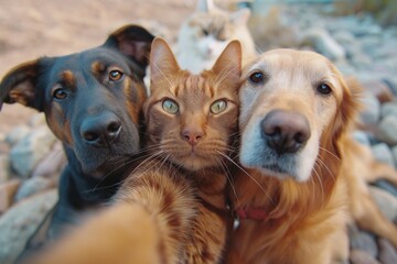 Best friends cat and dogs taking selfie shot