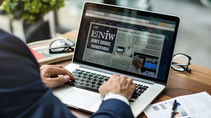 Business man reading News Article Headline On Laptop