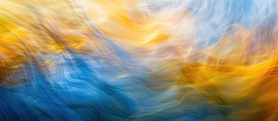 This abstract painting features vibrant blue and yellow colors blending in a dynamic and submerged...