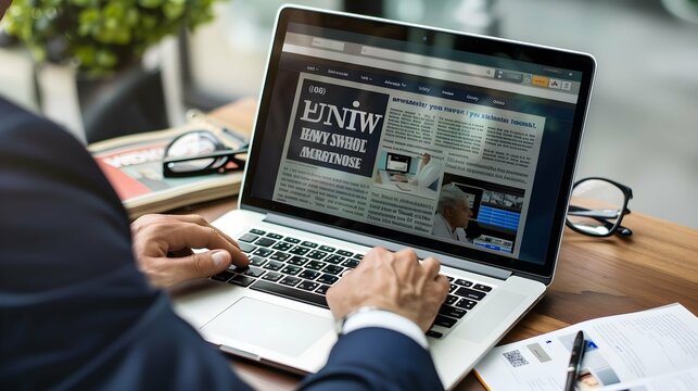 Business man reading News Article Headline On Laptop