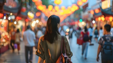 China food market street in Beijing. Chinese tourist walking in city streets on Asia vacation tourism. Asian woman travel lifestyle panoramica banner - obrazy, fototapety, plakaty