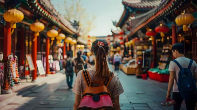China food market street in Beijing. Chinese tourist walking in city streets on Asia vacation tourism. Asian woman travel lifestyle panoramica banner