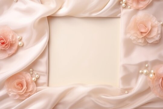 Soft satin fabric with delicate roses and pearls forming a romantic and luxurious background.