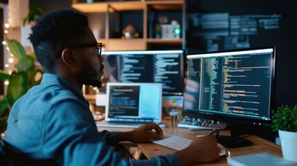 A software developer is engrossed in writing code on dual monitors, indicative of the concentration required in software engineering. AIG41