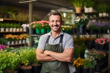 Obraz premium A handsome young male florist gardener posing in greenhouse. Small business owner in flower shop