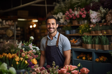 A handsome young male florist gardener posing in greenhouse. Small business owner in flower shop