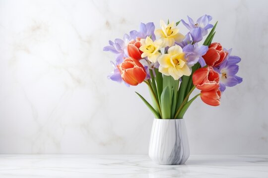 A colorful bouquet of tulips and crocuses in a marble vase on a white marble background.