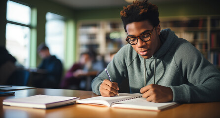 Focused African American Student Studying in Library - Academic Success Concept