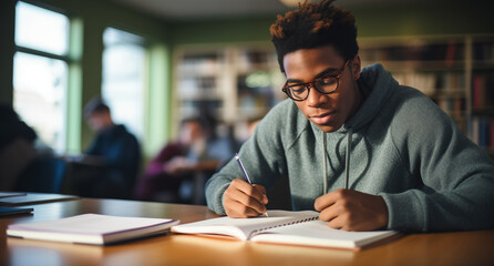 Obraz premium Focused African American Student Studying in Library - Academic Success Concept