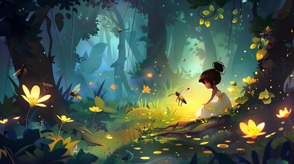 Cute little princess in a magical forest with glowing flowers and insects, portrayed in a fantasy character design