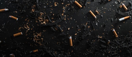 A bunch of cigarettes laying scattered on the ground, surrounded by a black background. The image shows the prevalent issue of cigarette waste littering the environment.
