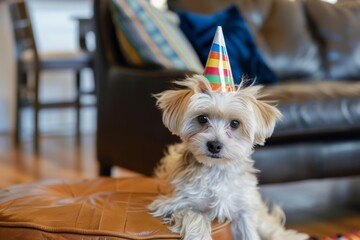 Small White Dog Wearing Birthday Hat. Generative AI