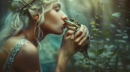 Dreamy portrait of blond young woman kissing a frog, fairy tale, frog becomes prince - obrazy, fototapety, plakaty
